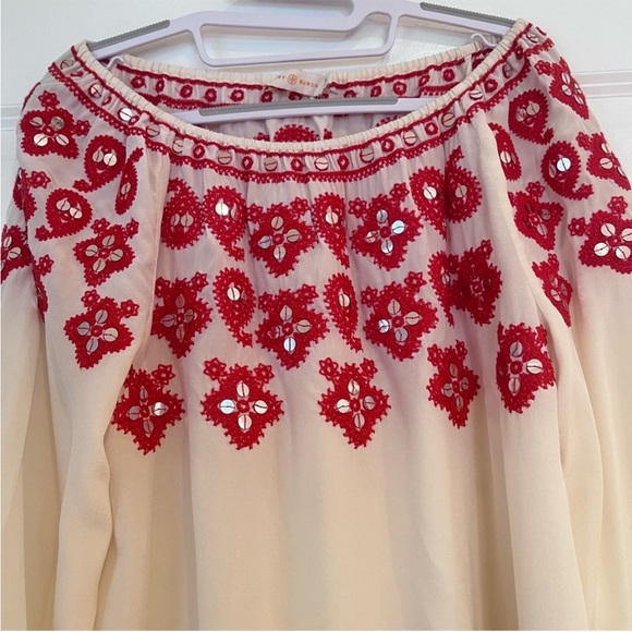 Tory Burch Layla Silk Embroidered Sequin Blouse Cream 6 - Picture 9 of 15